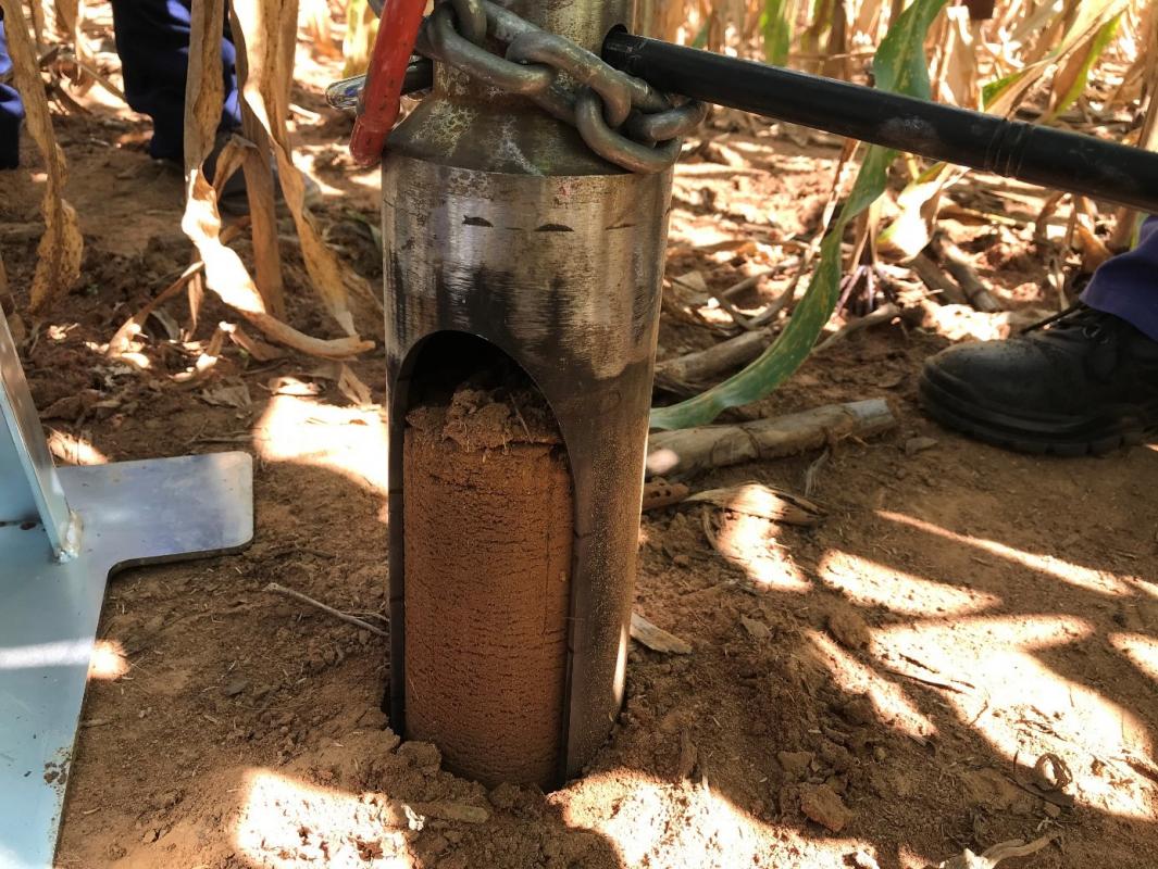 Prélèvement d’une carotte de sol (1m de profondeur) pour étudier l’impact de l’agriculture de conservation sur les stocks de carbone au Zimbabwe © R. Cardinael, Cirad